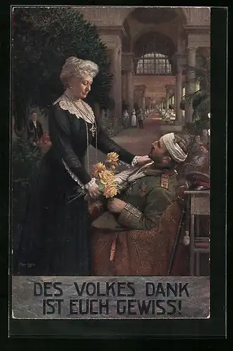Künstler-AK Kaiserin Auguste Victoria Königin von Preussen, im Lazarett mit einem verwundeten Soldaten