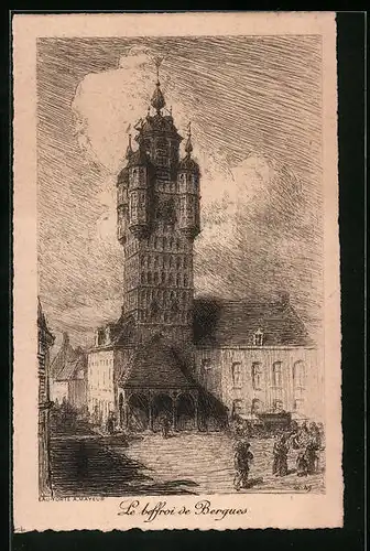 Künstler-AK Bergues, Le beffroi