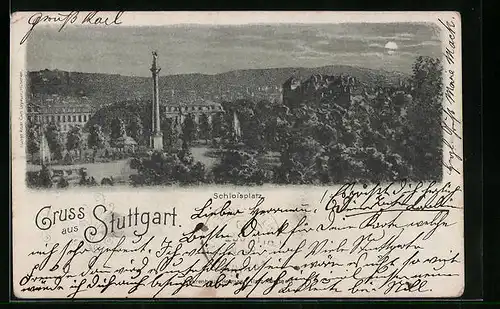 Mondschein-AK Stuttgart, Gesamtansicht vom Schlossplatz