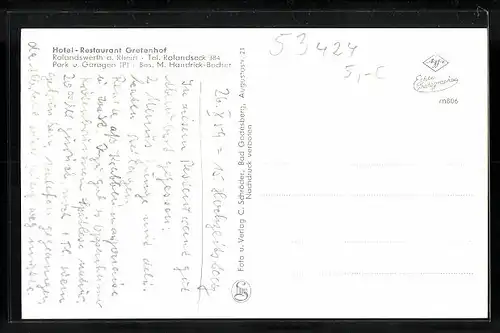AK Rolandswerth a. Rhein, Hotel-Restaurant Gretenhof, Aussen- und Innenansichten