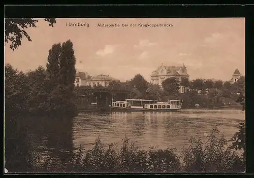 AK Hamburg-Harvestehude, Alsterpartie bei der Krugkoppelbrücke