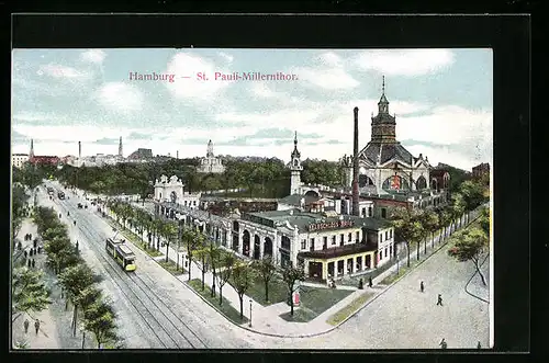 AK Hamburg-St. Pauli, Teilansicht mit Millernthor und Strassenbahnen