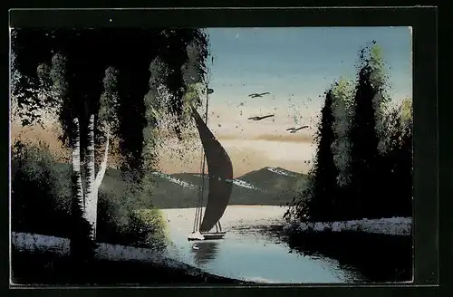 Künstler-AK Handgemalt: Landschaftsidylle mit Segelboot