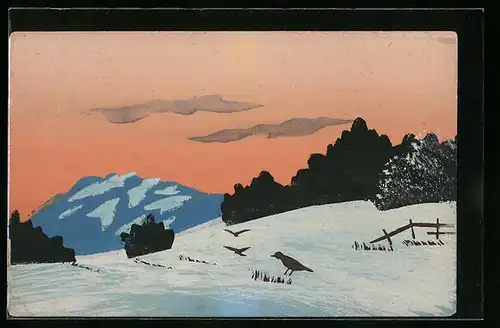 Künstler-AK Handgemalt: Winterlandschaft mit Vögeln auf der schneebedeckten Wiese