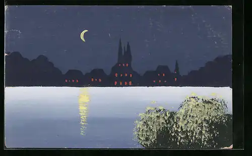 Künstler-AK Handgemalt: Ortssilhouette bei Mondschein vom See aus gesehen