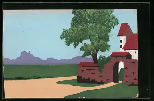 Künstler-AK Handgemalt: Partie an einer Stadtmauer mit Torbogen
