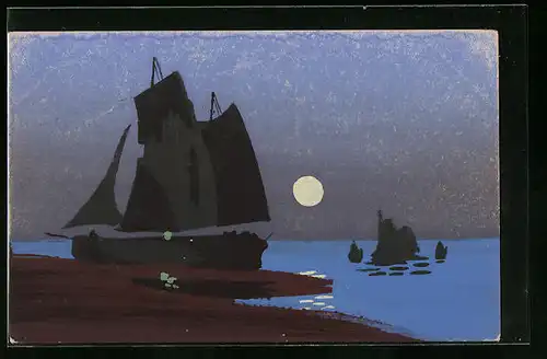 Künstler-AK Handgemalt: Segelbootspartie bei Mondschein auf ruhiger See