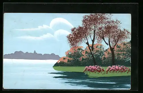 Künstler-AK Handgemalt: Idylle an einem Seeufer