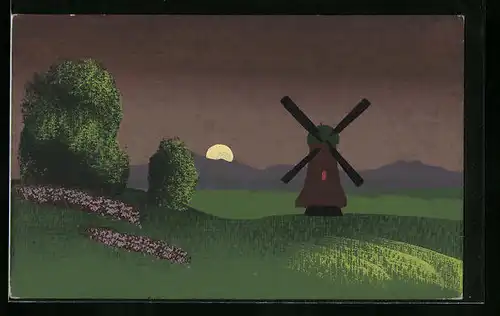 Künstler-AK Handgemalt: Landschaftsbild mit Windmühle bei Mondschein