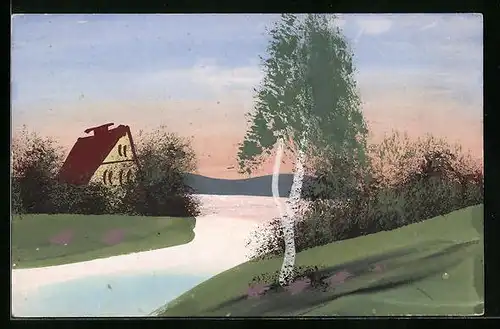 Künstler-AK Handgemalt: Flusspartie mit Haus und Grün am Ufer