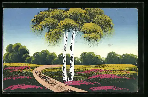Künstler-AK Handgemalt: schöne Blumenwiesen mit Sandweg und Wald im Hintergrund