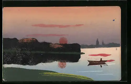 Künstler-AK Handgemalt: Sonnenuntergang am See mit Ruderboot