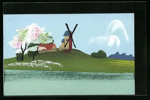 Künstler-AK Handgemalt: Windmühle mit interessanter Wolkenformation und im Wind wehenden Bäumen
