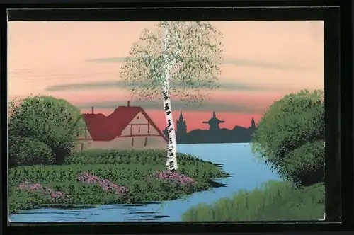 Künstler-AK Handgemalt: Häuserpartie am Seeufer, Ortssilhouette mit Windmühle im Hintergrund