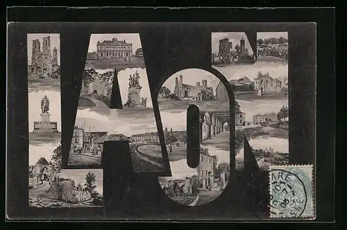 AK Laon, verschiedene Ortsansichten in Buchstaben