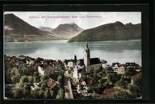 AK Vitznau, Gesamtansicht mit Bahntrace und Vierwaldstättersee