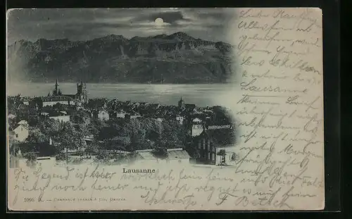 Mondschein-AK Lausanne, Totalansicht