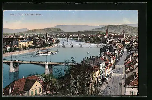 AK Basel, Gesamtansicht mit den drei Rheinbrücken
