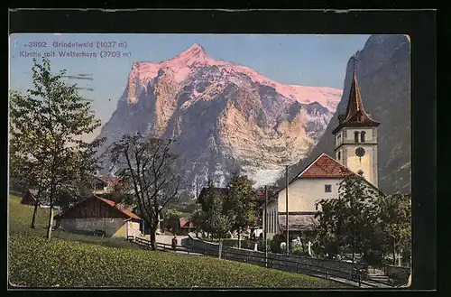 AK Grindelwald, Kirche mit Wetterhorn