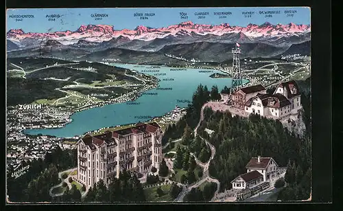 AK Zürich, Landkarte mit Gebirgswand