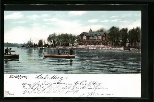 AK Zürich, Ruderpartie mit Blick auf das Gasthaus Zürichhorn