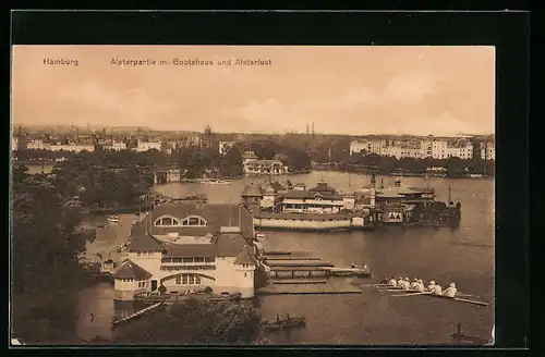 AK Hamburg-St.Georg, Alsterpartie mit Bootshaus und Alsterlust