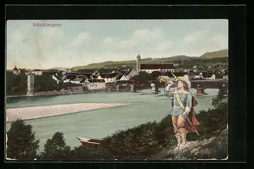 AK Säckingen, Gesamtansicht, Trompeter am Flussufer