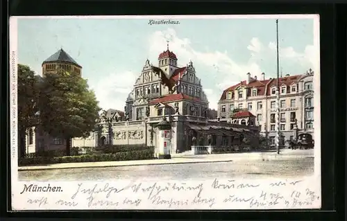AK München, Künstlerhaus mit Hotel und Litfasssäule