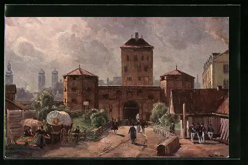 Künstler-AK München, Isartor mit Marktstand