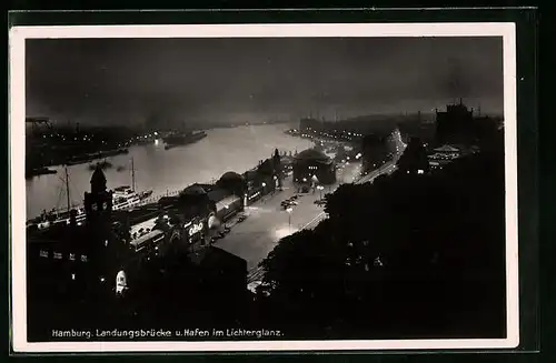 AK Hamburg-Harburg, Landungsbrücke und Hafen im Lichterglanz