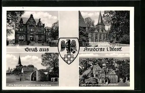 AK Anröchte i. Westf., alte Befestigungsmauer mit Wehrturm, Gotisches Kirchenschiff, Amtshaus