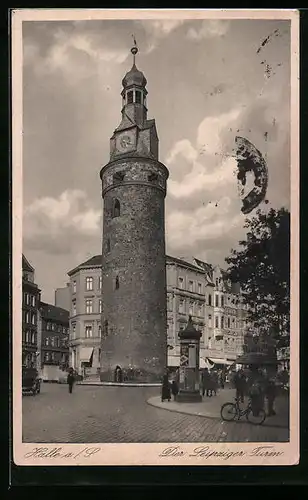 AK Halle a. S., Der Leipziger Turm mit Litfasssäule