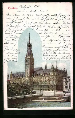 AK Hamburg, Rathaus mit Geschäft und Strassenbahn