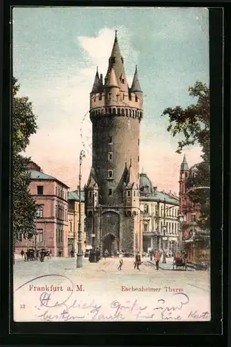 AK Frankfurt a. M., Eschenheimer Turm mit Strassenbahn