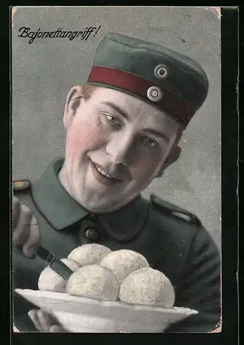 AK Bajonettenagriff!, Soldat freut sich über die Klösse auf seinem Teller