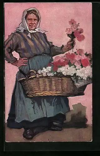 AK Bäuerin verkauft Blumen aus einem Korb