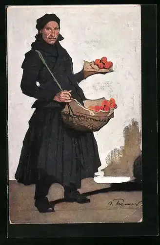Künstler-AK M. Munk Nr. 673: Frau verkauft Früchte aus einem Korb heraus