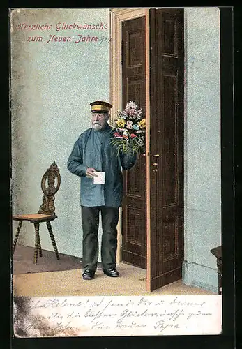 AK Page überbringt mit Blumen und Brief den Neujahrsgruss