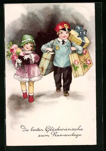 AK Page trägt das Gepäck eines Fräuleins