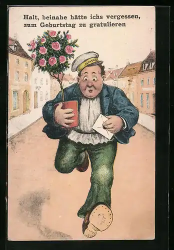 AK Halt, beinahe hätte ichs vergessen, zum Geburtstag zu gratulieren, Page eilt mit Blumen und Brief