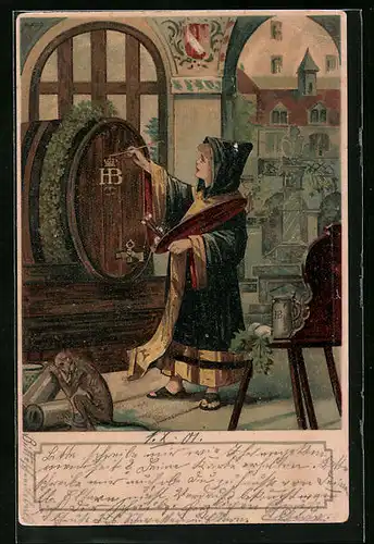 AK Münchner Kindl bemalt ein Bierfass