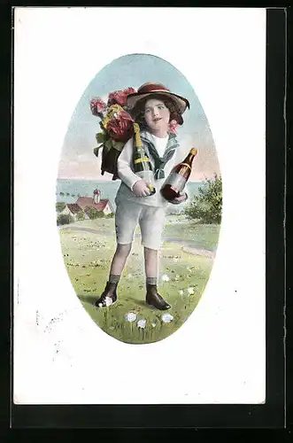 Präge-AK Kleiner Junge mit Korb und Weinflaschen