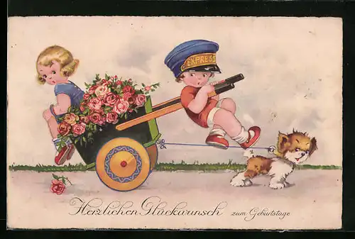 Künstler-AK Kleiner Expressbote zieht einen Schubkarren
