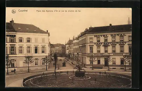 AK Courtrai, Place des Eperons d`Or et rue du chemin de fer