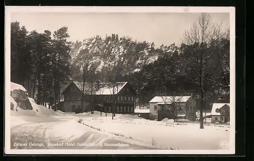 AK Jonsdorf, Hotel Gondelfahrt und Nonnenfelsen im Winter
