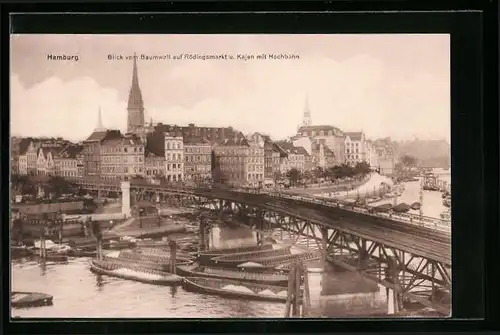 AK Hamburg, Blick vom Baumwall auf Rödingsmarkt und Kajen mit Hochbahn