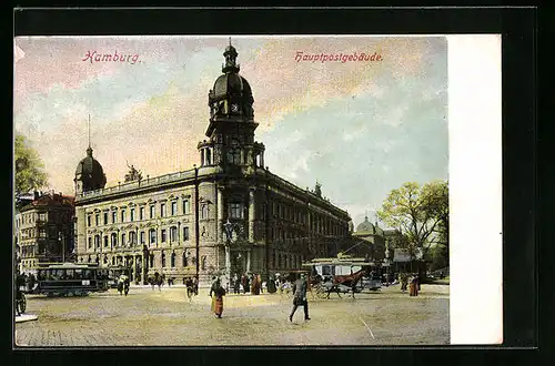 AK Hamburg, Hauptpostgebäude mit Pferdewagen und Strassenbahn