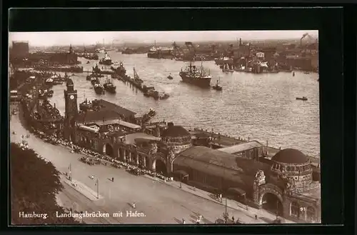 AK Hamburg, Landungsbrücken mit Hafen
