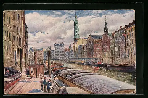 Künstler-AK Hamburg, Fleet mit Reimersbrücke und Katharinenkirche