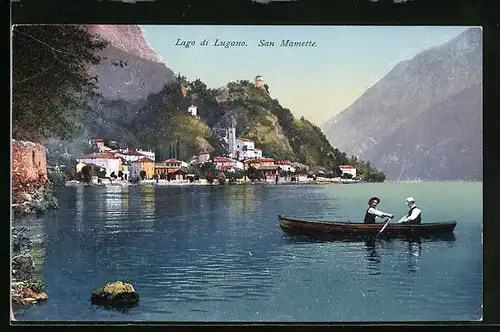 AK San Mamette, Ruderpartie mit Ortsblick auf dem Lago di Lugano